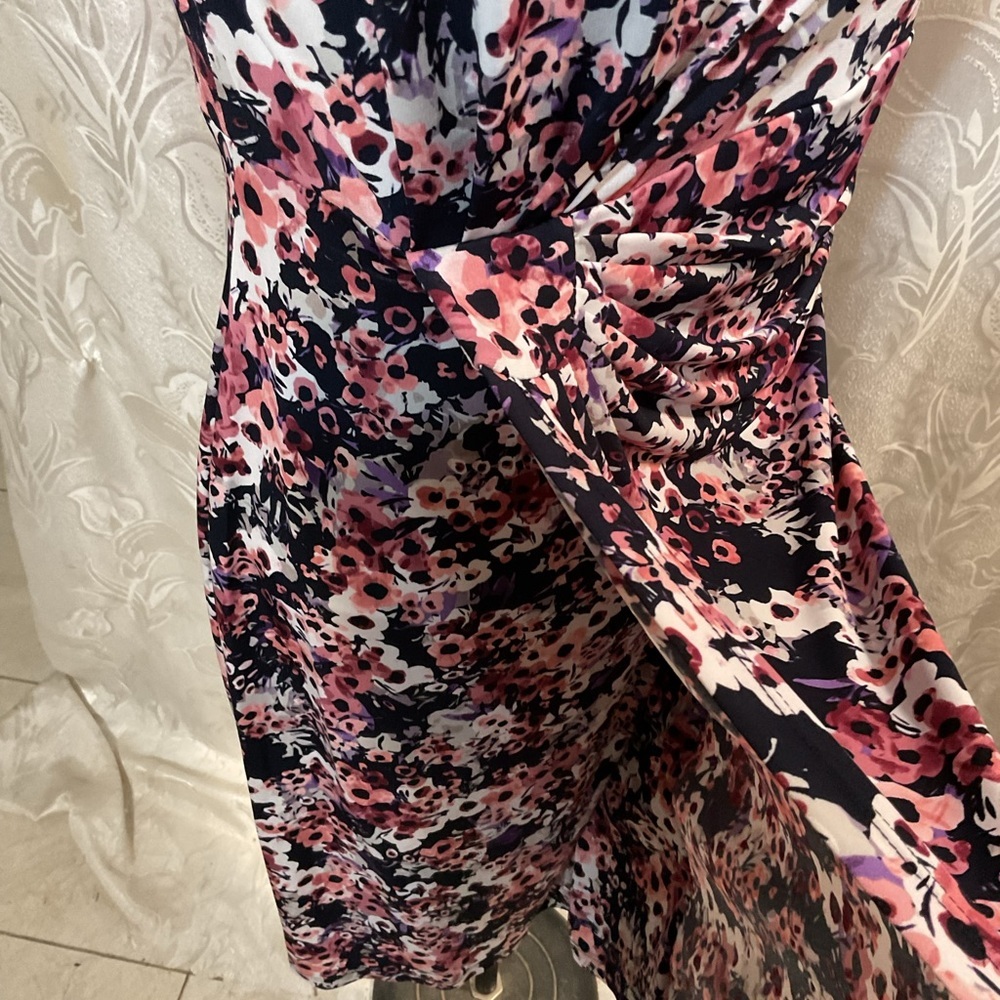 Connected Apparel Pink Black & White Floral Print Faux Wrap Dress - Picture 5 of 8